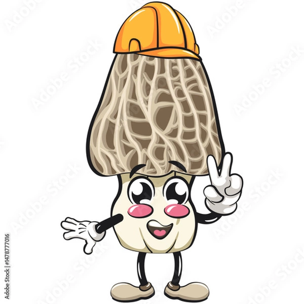 Obraz Cute Morchella mushroom vektor illustration mascot character wear a construction worker's helmet, work of hand drawn