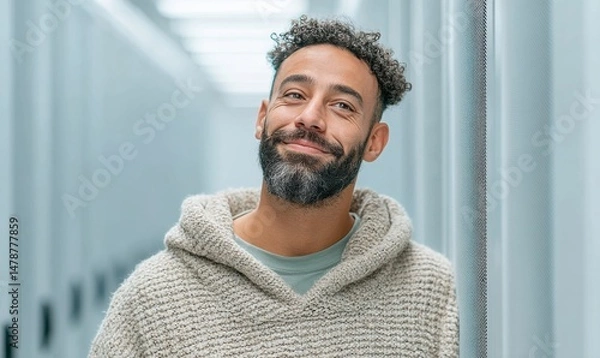 Fototapeta Mindful Minimalism Soft-Tech Professional in Textured Knitwear - Authentic Urban Wellness and Contemporary Lifestyle Portraiture for GenZ Career Narratives