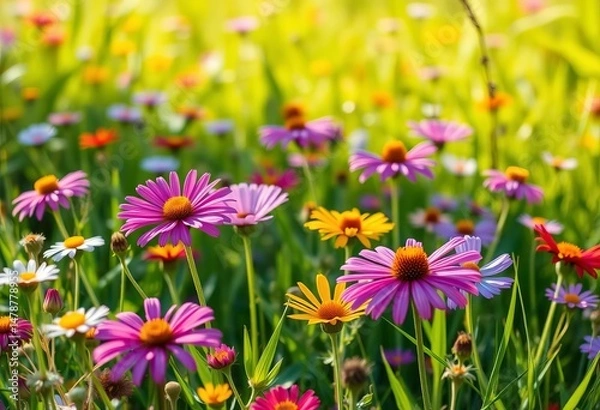Fototapeta Vibrant wildflowers bloom in a lush meadow, bathed in sunlight, bright, nature