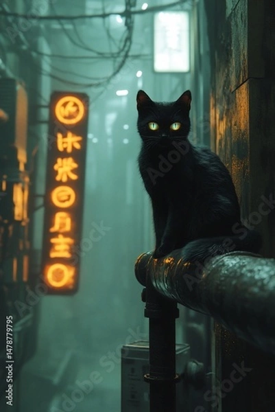 Fototapeta Mystical feline guardian amidst neon-lit urban landscape with a captivating gaze