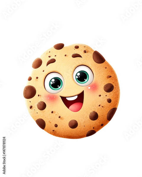 Fototapeta Happy Cartoon Chocolate Chip Cookie Illustration, cut out, no background