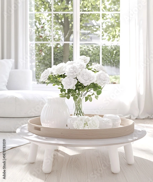 Fototapeta Modern coffee table with round design features wooden tray holding white flowers and decorative items, creating serene atmosphere