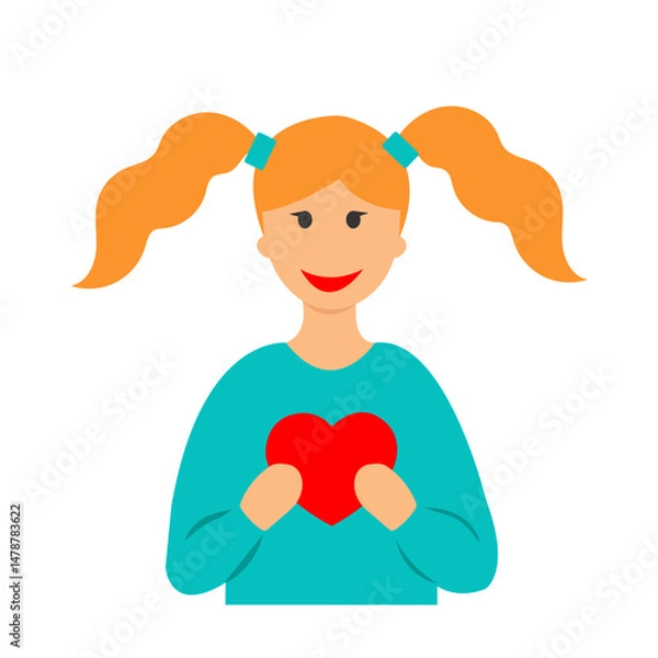 Fototapeta Girl with a heart in her hands. Valentine's Day card invitation. Vector illustration