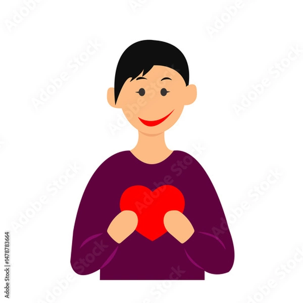Fototapeta Boy with a heart in her hands. Valentine's Day card invitation. Vector illustration
