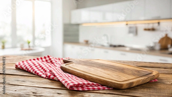 Fototapeta In a food preparation setting, a wooden cutting board sits atop a red and white checkered kitchen towel, with a bright, blurred modern white kitchen providing context.