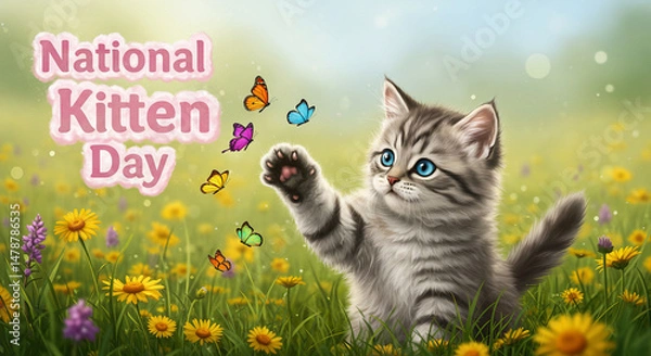 Fototapeta Cute Kitten Playing with Butterflies in Spring Field for National Kitten Day