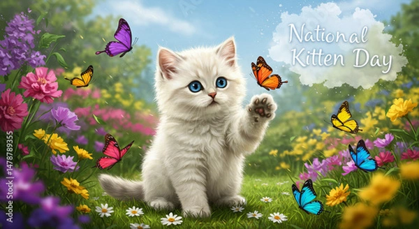 Fototapeta Cute Kitten Playing with Butterflies in Spring Field for National Kitten Day