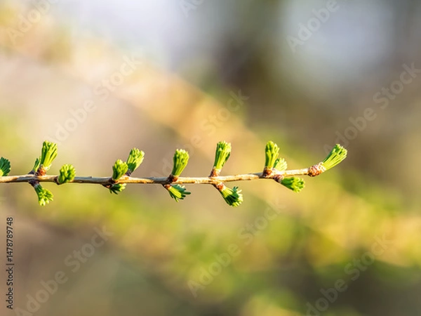 Fototapeta Larch tree fresh pink cones blossom at spring on nature background