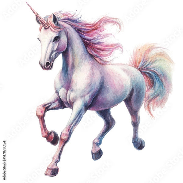Fototapeta Majestic unicorn with a flowing mane, prancing gracefully through a vibrant fantasy landscape, embodying enchantment and whimsy. on transparent background