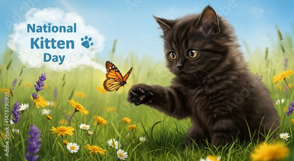 Fototapeta Cute Kitten Playing with Butterflies in Spring Field for National Kitten Day