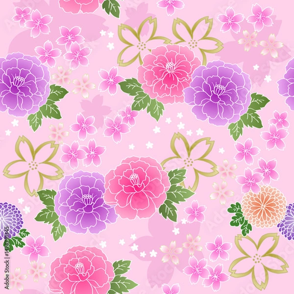 Obraz Pink cute seamless Japanese pattern vector data Sakura and Peony