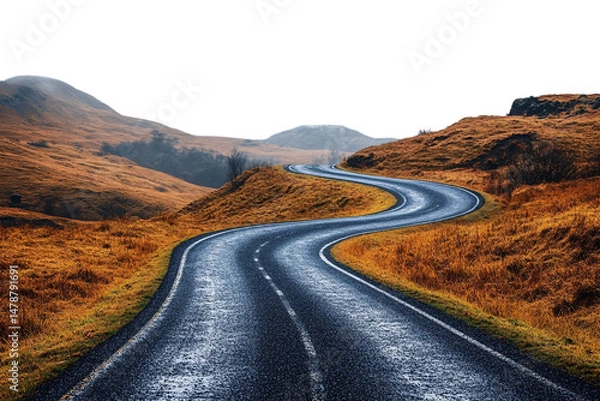 Fototapeta Twisting mountain road winds through golden-brown grassy hills with distant haze and cool shadows, isolated on a transparent background