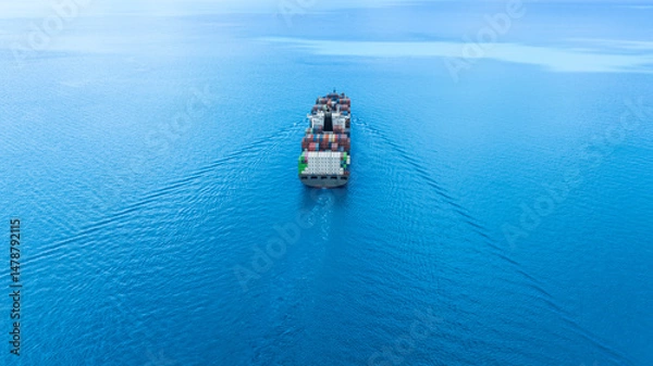 Fototapeta Aerial view of the freight shipping transport system cargo ship container. international transportation Export-import business, logistics, transportation industry concepts	