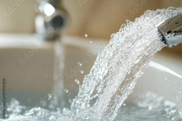 Fototapeta Water flowing from a faucet into a sink