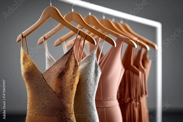 Fototapeta Set of colorful elegant sleeveless dresses on wooden hangers