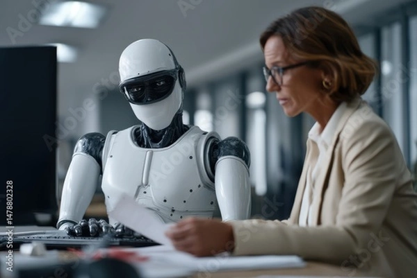Fototapeta Humanoid robot and businesswoman collaborating at office desk