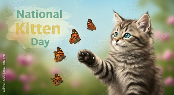 Fototapeta Cute Kitten Playing with Butterflies in Spring Field for National Kitten Day