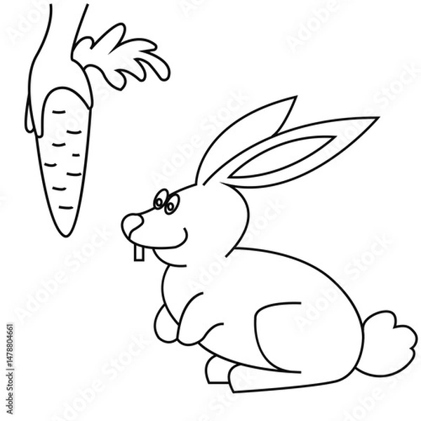 Fototapeta Hare, rabbit and carrot line art isolated on white background. Gift of the forest. Vector illustration