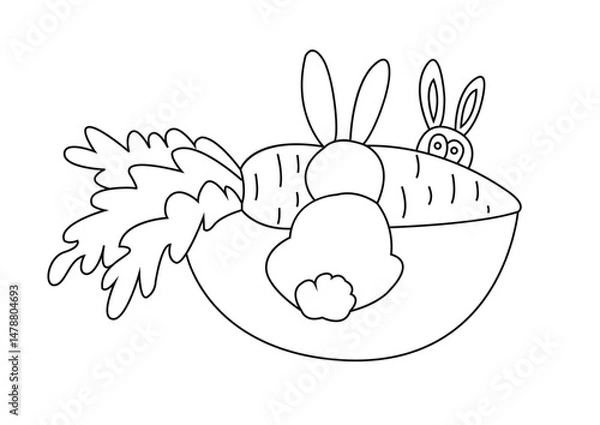 Fototapeta Hare, rabbit and carrot line art isolated on white background. Gift of the forest. Vector illustration