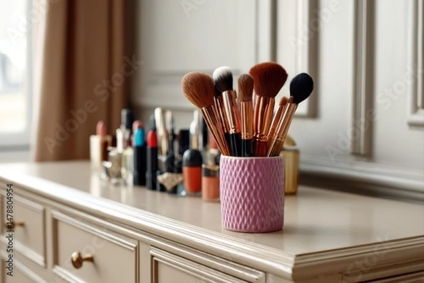 Fototapeta Makeup brushes and cosmetics on modern vanity table in natural light

