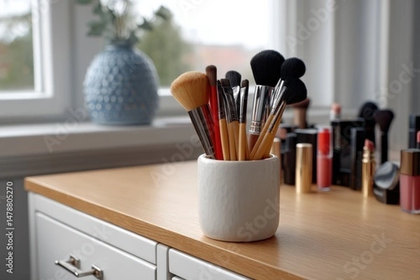 Fototapeta Makeup brushes and cosmetics on modern vanity table in natural light

