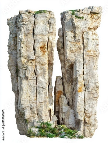 Fototapeta Isolated rock formations against white background, geological feature, natural landmark, stone pillars, weathered texture, rugged landscape, vertical shot
