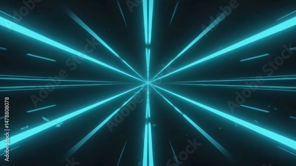 Fototapeta Neon Lines Symmetrical, aqua lines converge to a vanishing point against a dark background