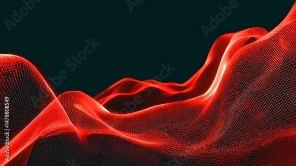 Fototapeta Abstract Red Digital Waveform Mesh Background Design Technology Art Grid Flow Data Dark Style Trend 