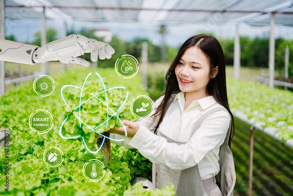 Obraz Smart Farming with Technology and Human Interaction in Greenhouse