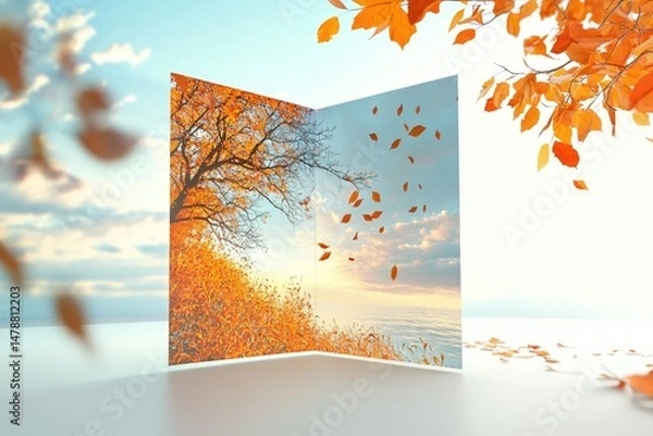 Fototapeta Autumnal transition, showcasing a change of seasons.  Two perspectives of a landscape, one vibrant autumnal, the other serene, with falling leaves