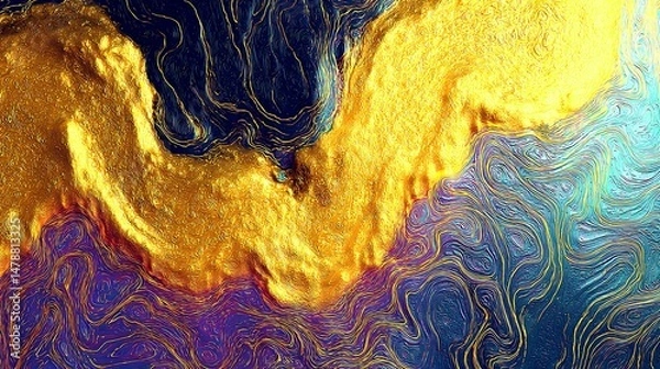 Fototapeta Abstract Gold Blue Swirling Texture Background Digital Art Design Color Fluid Shiny Waves Lines     
