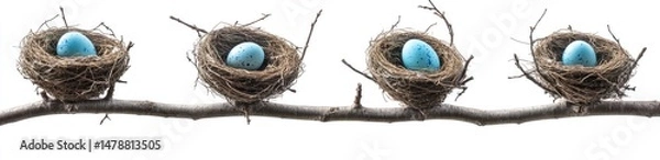 Fototapeta Four nests with eggs on a branch