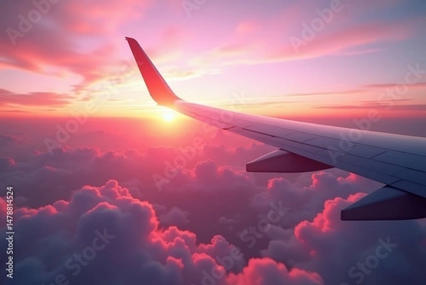 Obraz Airplane flying above clouds at sunset travel and tourism transportation flight journey vacation getaway trip 