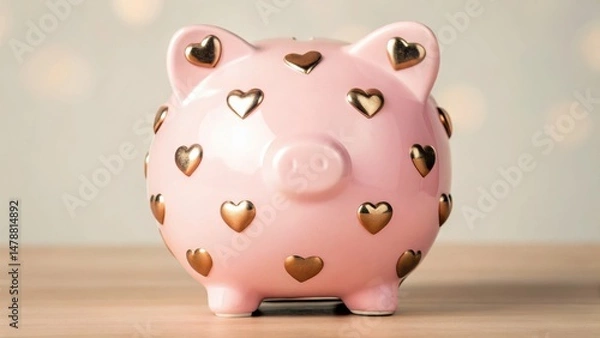 Fototapeta A pink piggy bank decorated with gold heart shapes sits on a wooden surface with a soft, bokeh background.