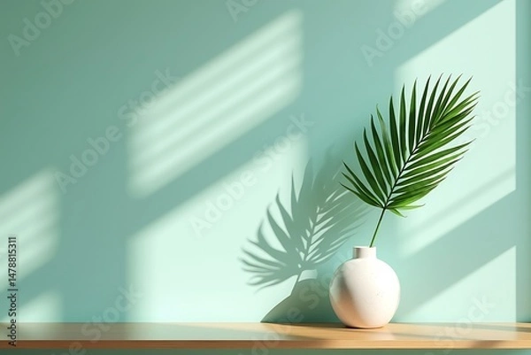 Obraz Still life photography of palm leaf in vase with window light and shadow on green wall backdrop 