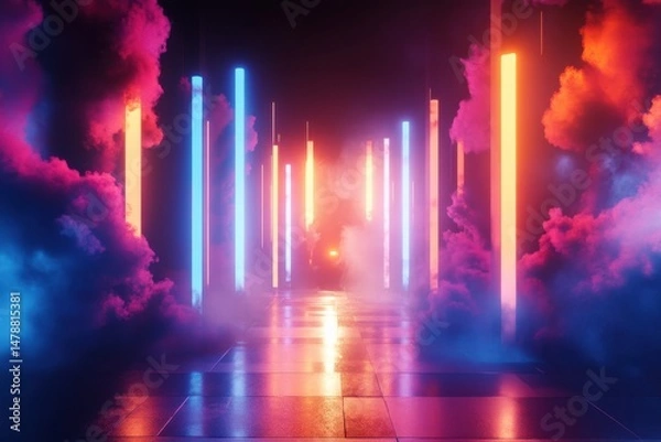 Obraz Neon Glowing Lights Abstract Futuristic Corridor Pink Blue Orange Smoke Digital Art Background Style