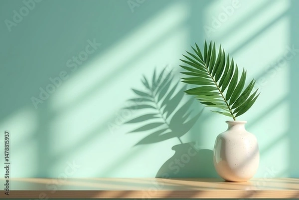 Obraz Still life photography of palm leaf in vase with pastel green wall and shadow for home decor ideas 