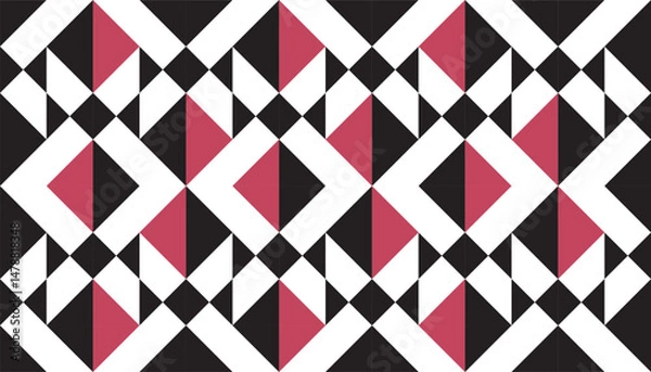 Fototapeta Seamless geometric pattern in red, black, and white, featuring bold triangle and diamond shapes arranged in a dynamic tribal-inspired composition