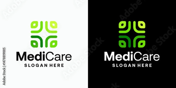 Obraz Leaf shape medical cross vector logo design with modern, simple, clean and abstract style. Icon for business, health care, herbal and personal branding.