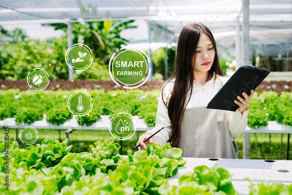 Obraz Young Woman Using Tablet for Innovative Smart Farming Solutions