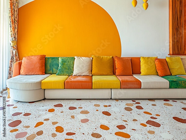 Obraz Retro-modern lounge with colorful couch and terrazzo floor 32k, full ultra hd, high resolution