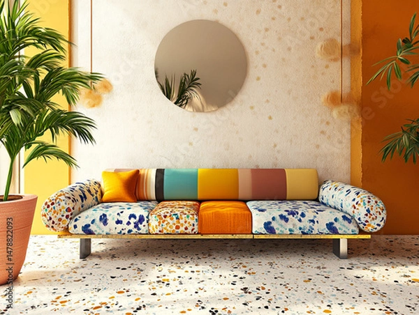 Obraz Retro-modern lounge with colorful couch and terrazzo floor 32k, full ultra hd, high resolution