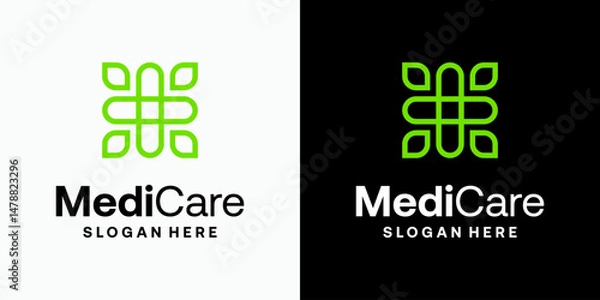 Obraz Leaf shape medical cross vector logo design with modern, simple, clean and abstract style. Icon for business, health care, herbal and personal branding.