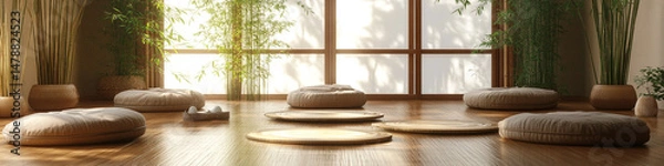 Obraz Serene meditation room with floor cushions and bamboo accents 32k, full ultra hd, high resolution