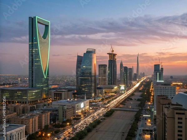 Fototapeta A modern Middle Eastern metropolis at dusk is showcased, dominated by the Kingdom Centre tower with its green arch, with long exposure capturing streaking city lights under a soft pink and orange sky.