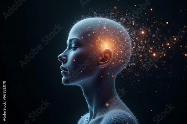 Fototapeta Holographic woman technological head portrait Futuristic face female humanoid robot.A Technological Future. information space. Copying space.generative ai