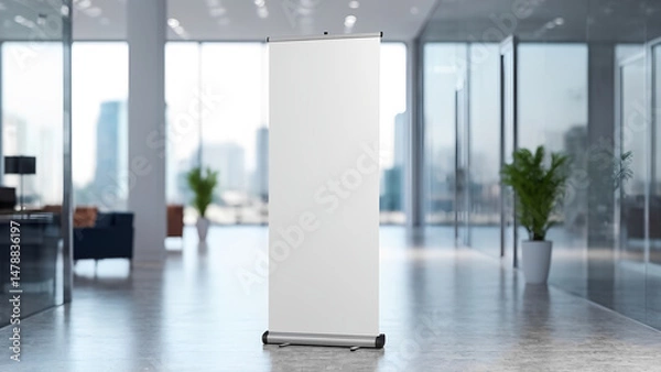 Obraz A modern office space features a blank retractable banner stand for advertisement display purpose.