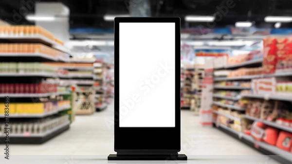 Obraz Blank advertising kiosk stands on a table inside a busy generic retail grocery environment setting