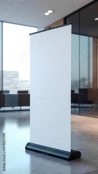 Obraz A blank retractable banner stands tall in a bright, modern office setting, awaiting content.