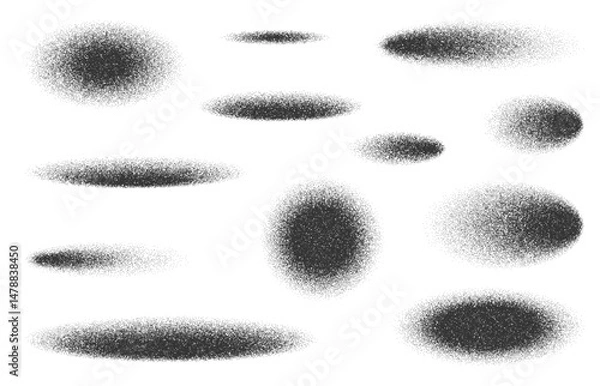 Fototapeta Oval and circle noise grain shadows effect with dots stipple gradient, vector shades. Circle shadows with noise grain effect, sand dotwork or paint spray for realistic oval shadows with grain texture